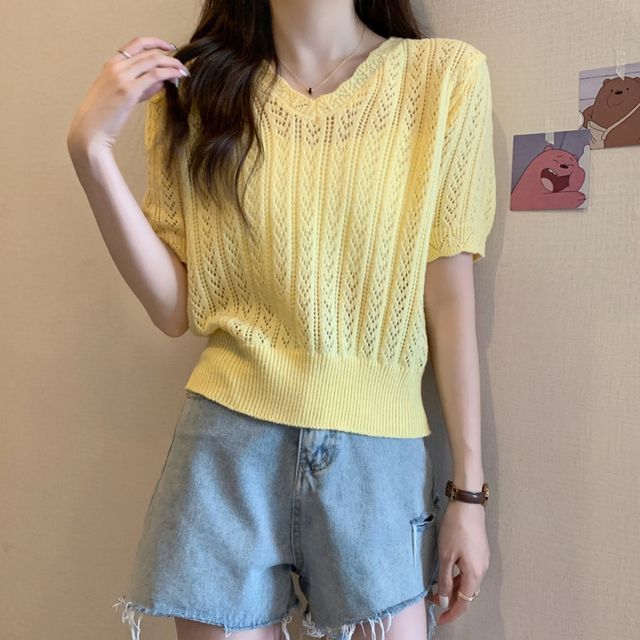 V-Neck Short-Sleeve Top Crochet Knit