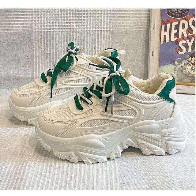 Sneakers Faux Tone Mesh Two Lace-Up Leather Platform Panel