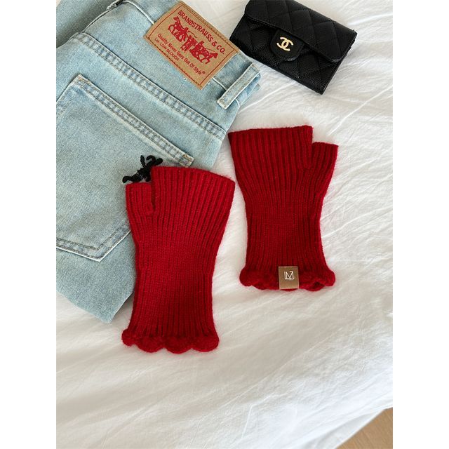 Gloves Fingerless Applique Lettering Knit