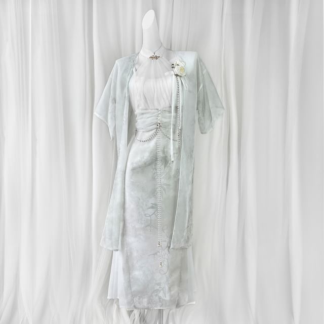 Short-Sleeve Sheer Panel Maxi Sheath Lolita Dress / Light Jacket / Set