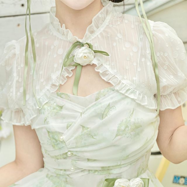Lolita Spaghetti Strap Floral Print Midi Dress / Lace Shrug / Set