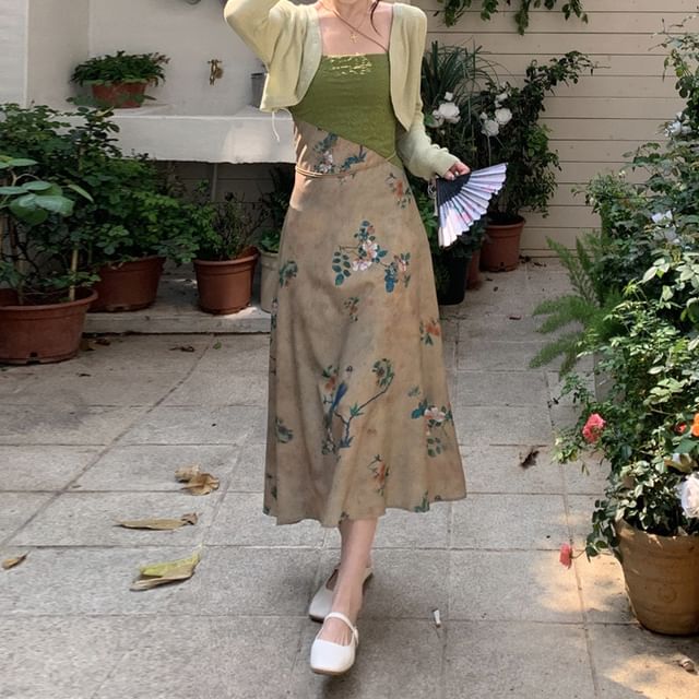 Spaghetti Strap Floral Print Panel Midi A-Line Dress / Crop Light Jacket / Set