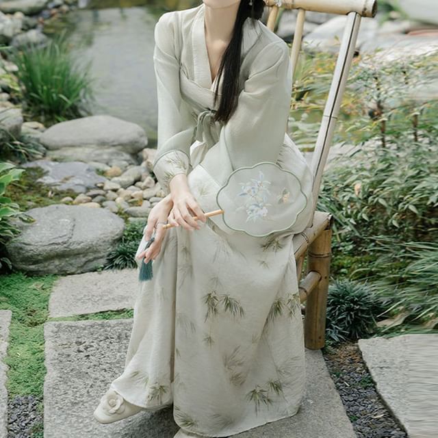 Spaghetti Strap Bamboo Print Midi A-Line Dress / Light Jacket / Set