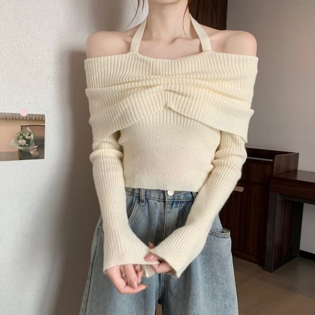 Off-Shoulder Long-Sleeve Halter Sweater