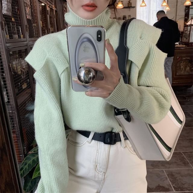 Sweater Loose-Fit Plain Cold-Shoulder Turtleneck