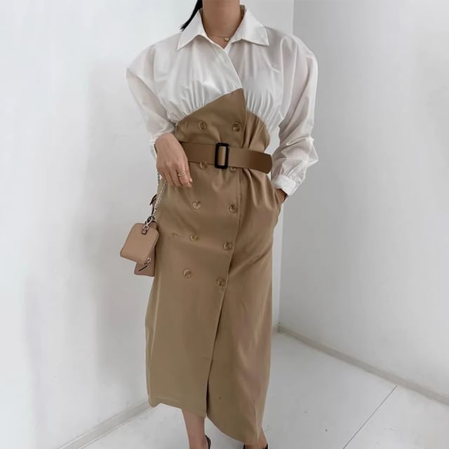 Long-Sleeve Collared Two Tone Double-Breasted Midi Shirt Dress