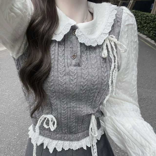 / Top Mock Two-Piece Buttoned Half Long-Sleeve Pleated Skirt Knit