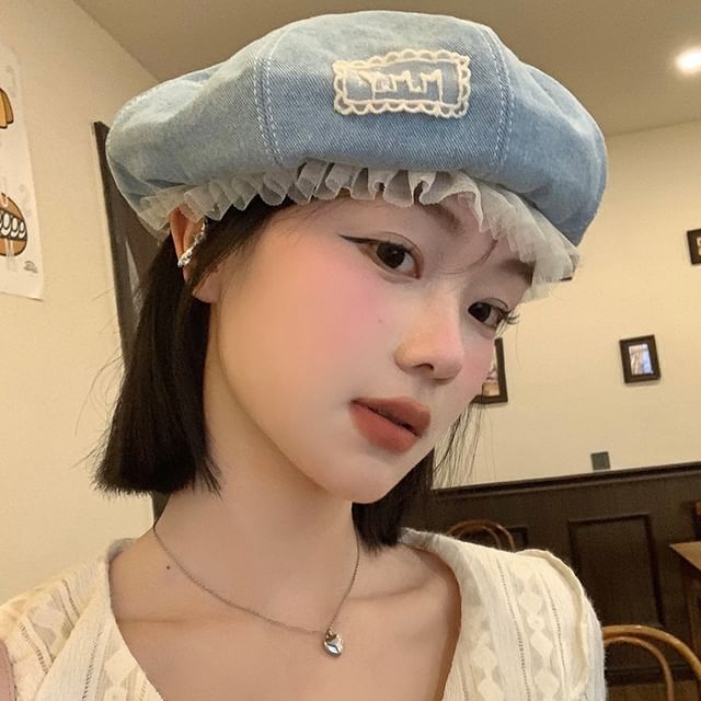 Beret Applique Lettering Mesh Denim Panel