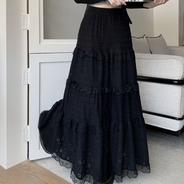 Lace Trim Ruffle A-Line Maxi Skirt with Stretch Waist