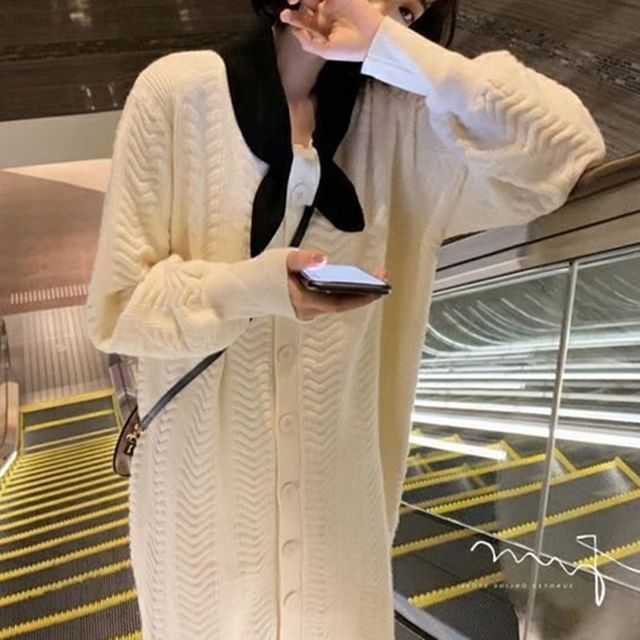 Midi Tie-Neck Plain Dress Knit Puff-Sleeve Button-Up