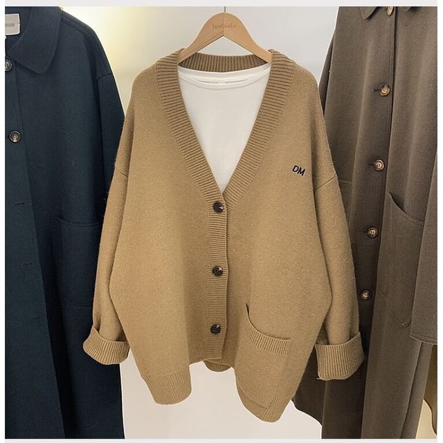 Cardigan Embroidered V-Neck Button-Up Letter