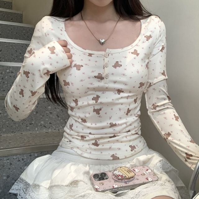 T-Shirt Henley Print Long-Sleeve Bear