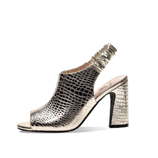 Grain Heel Faux Peep Sandals Croc Leather Chunky Toe