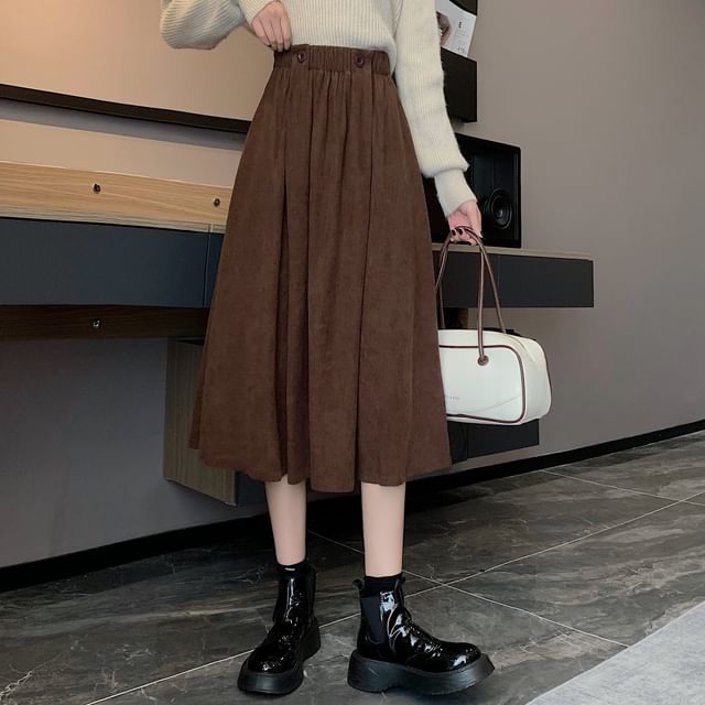 Skirt Midi Elastic Plain Pocket A-Line Waist