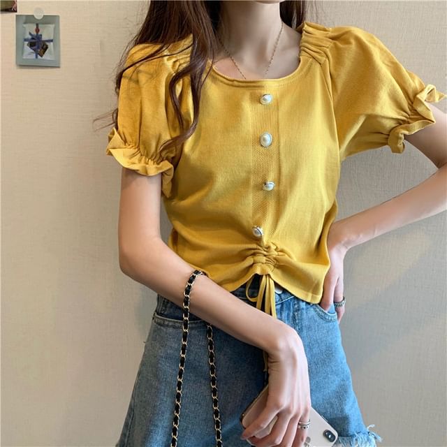 Neck Pearl Drawstring Faux Square Knit Short-Sleeve Button Plain Top