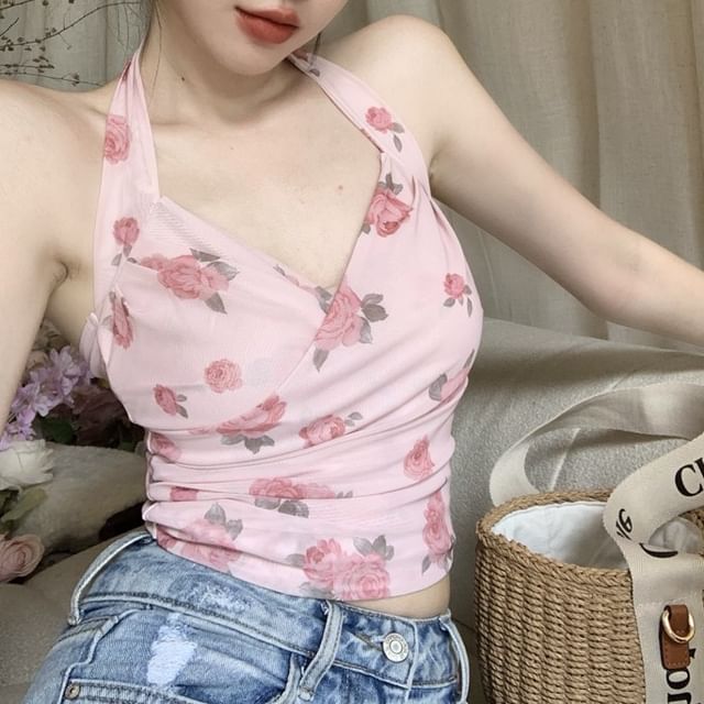 Plain Floral Crop Print Cardigan / Halter Neck Top