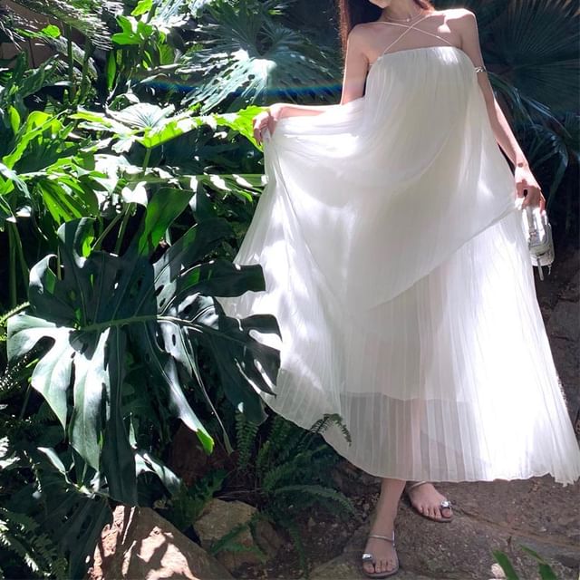 Strap Dress Midi Plain Pleated Spaghetti