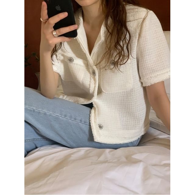 Short-Sleeve Tweed Tassel Trim Button-Up Jacket