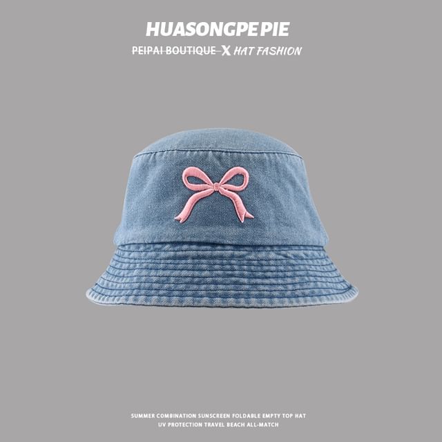 Embroidered Bow Bucket Hat Denim
