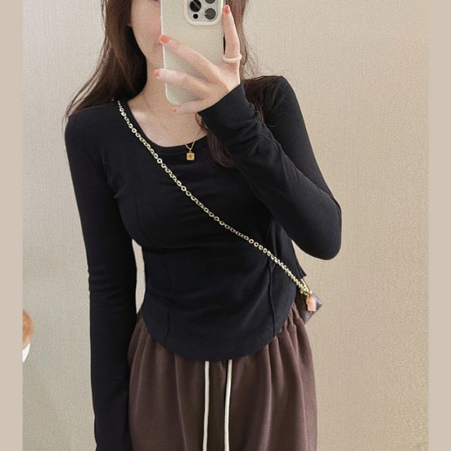 T-Shirt Long-Sleeve Scoop Plain Asymmetrical Neck