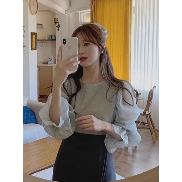 Long-Sleeve Crew Neck Plain Blouse