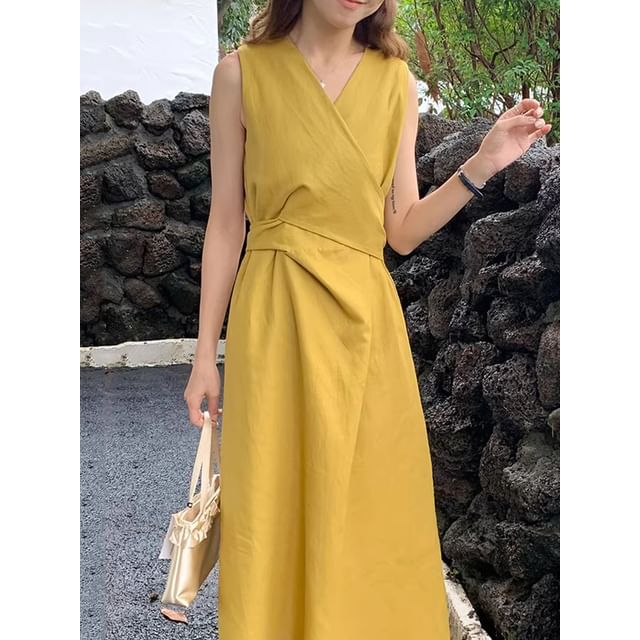 Sleeveless V-Neck Plain Asymmetrical Midi A-Line Dress