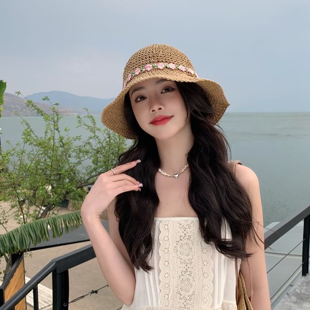Straw Embroidered Hat Sun Floral