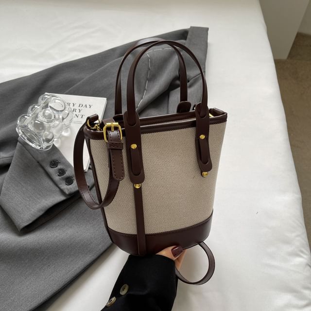 Bucket Leather Two Bag Faux Canvas Panel Tone