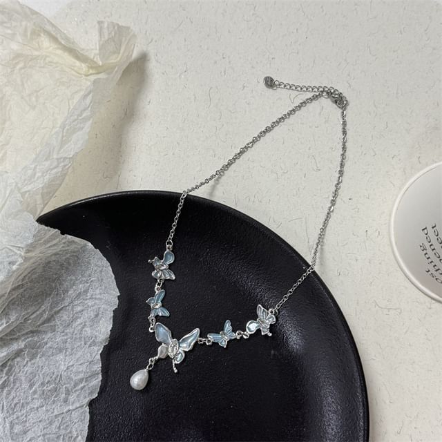 Butterfly Faux Choker Pearl Alloy