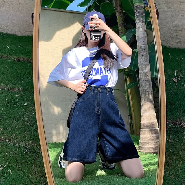 High Waist Wide Leg Denim Shorts Jorts