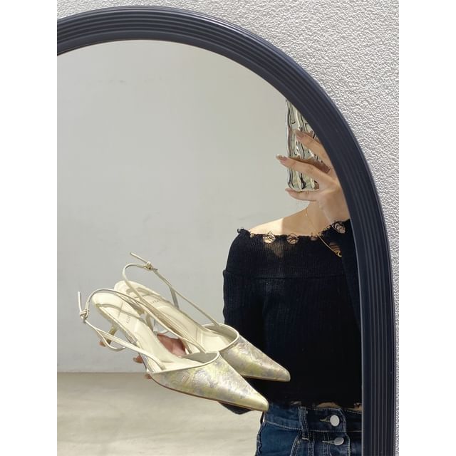 Kitten Heel Jacquard Slingback Toe Pointed Pumps