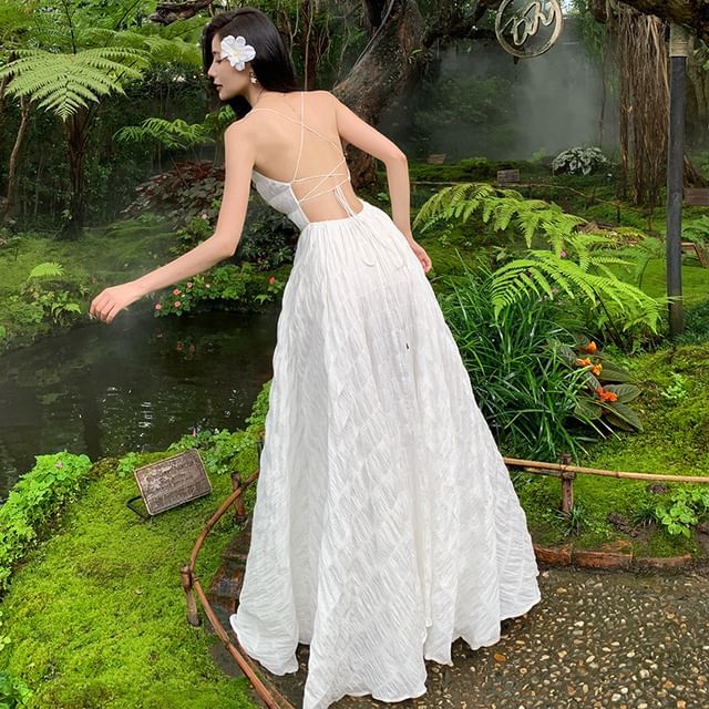 Thin Strap Square Neck Solid Crinkle Open Back Maxi A-Line Dress