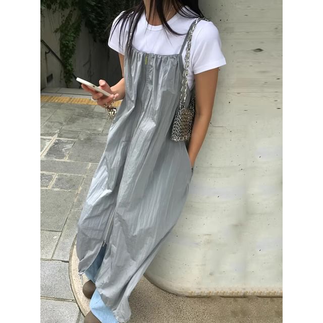 Zip Front Maxi Dungaree Dress with Pockets