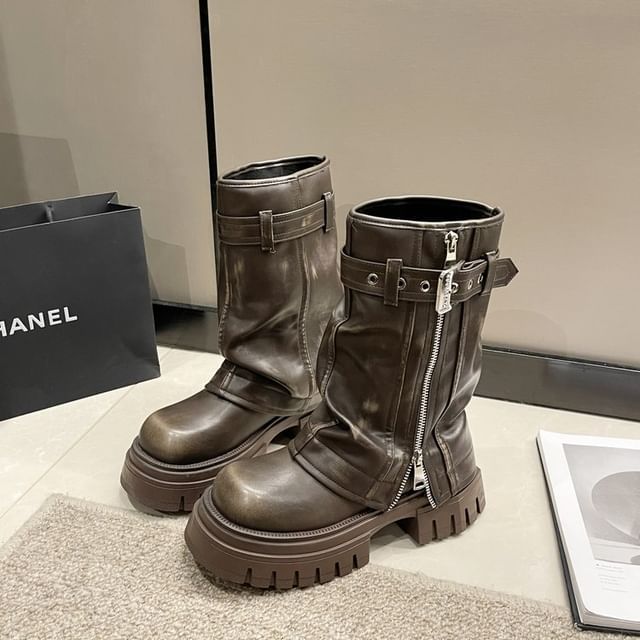 Platform Heel Mid-Calf Boots Chunky Buckled