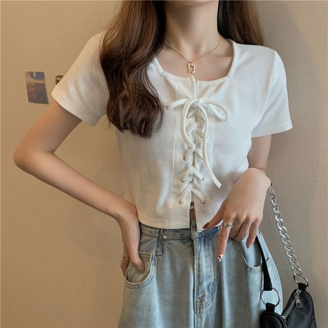 Neck Top Up Plain Lace Square Short-Sleeve