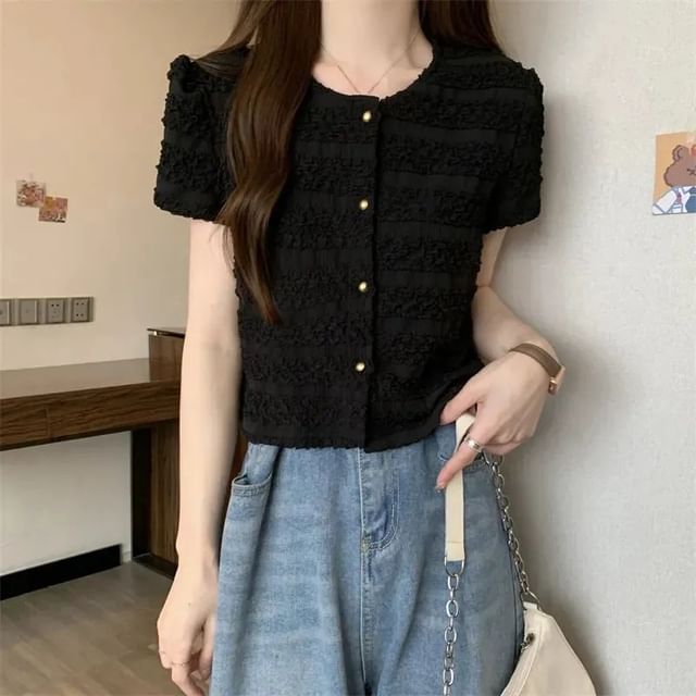 Neck Top Plain Short-Sleeve Button Round Frill