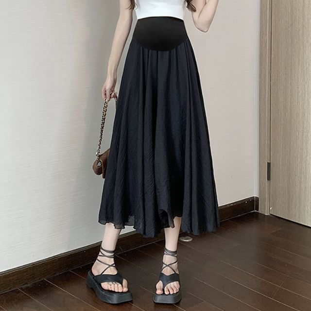Maternity High Waist Solid Midi Flared Skirt