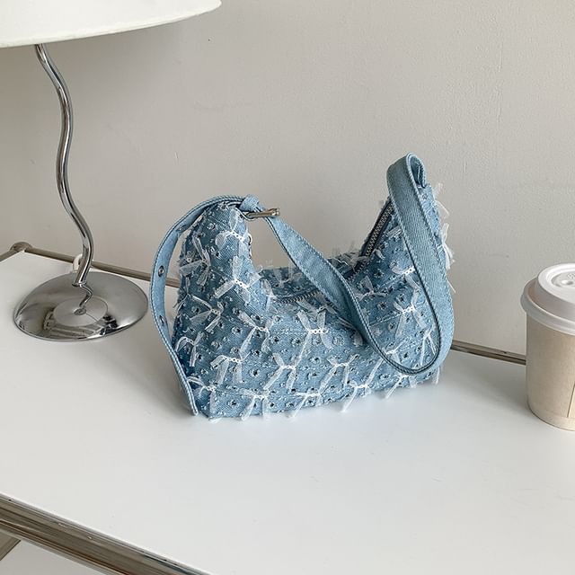 Perforated Washed Denim Bag Shoulder Bow