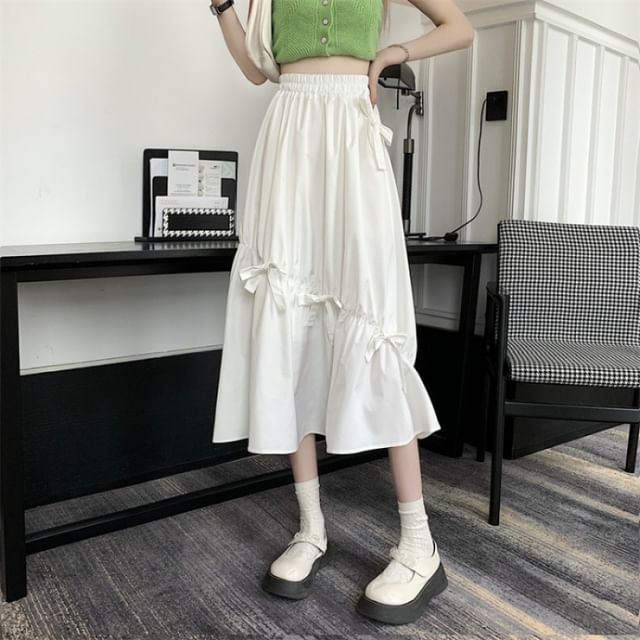 Midi Skirt Plain Waist A-Line Bow High