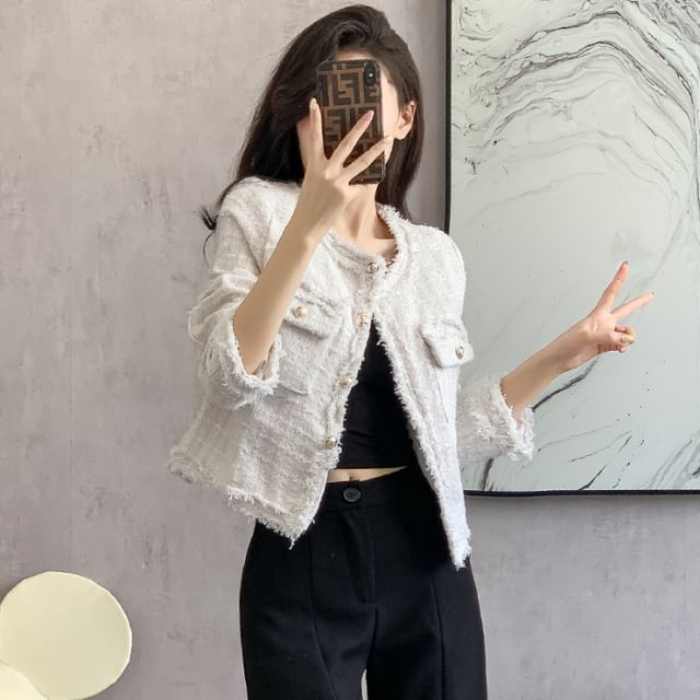 Crew Neck Frayed Button-Up Tweed Crop Jacket