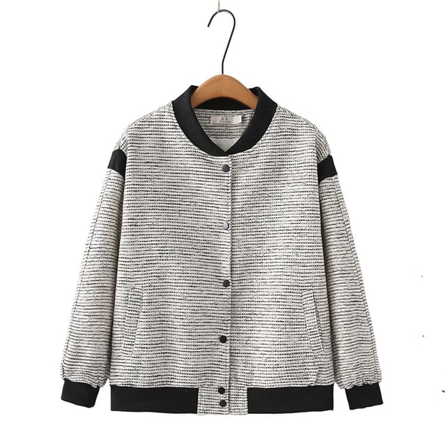 Plus Size Contrast Trim Button-Up Tweed Baseball Jacket
