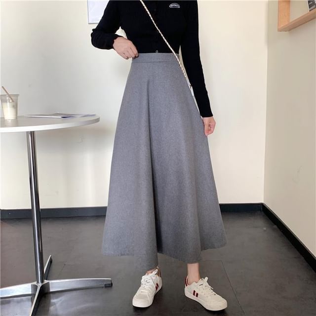 High Waist Solid Maxi Flared Skirt