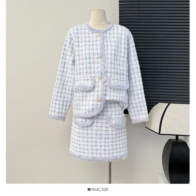 Set: Frayed Crew-Neck Tweed Jacket + Mini Skirt