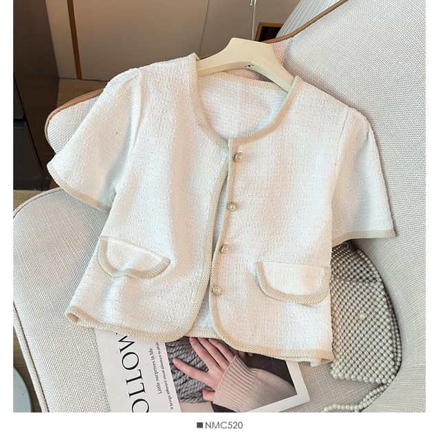 Short-Sleeve Round-Neck Tweed Jacket in 6 Colors