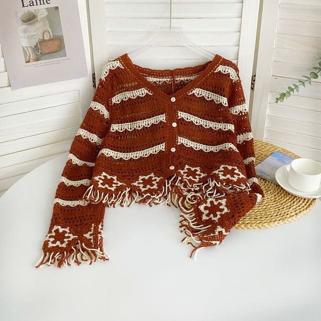 Fringed V-Neck Striped Knit Cardigan