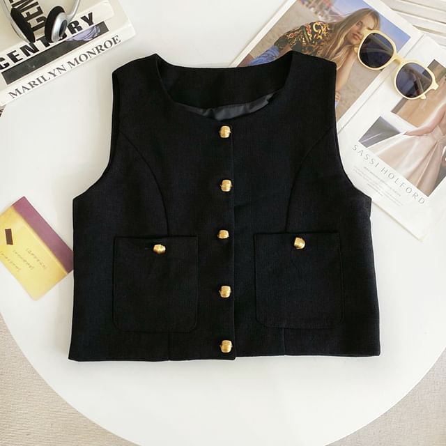 Round Neck Tweed Button Vest