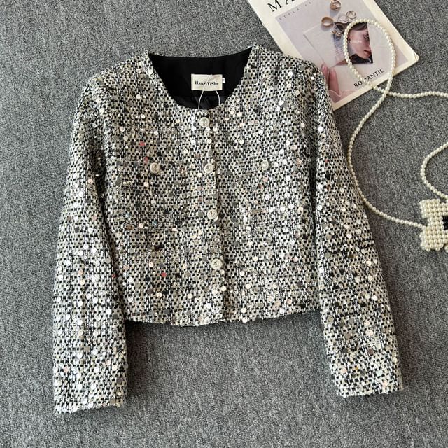Round Neck Sequin Tweed Cropped Jacket