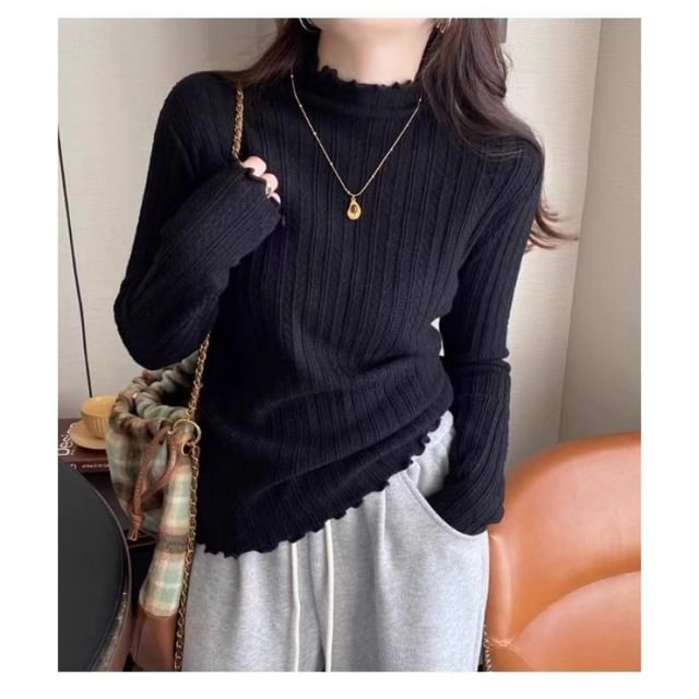 Lettuce Knit Plain Mock Top Neck Long-Sleeve Edge