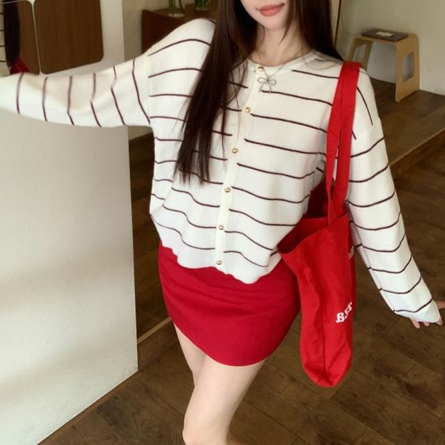 Crew Neck Striped Knit Cardigan