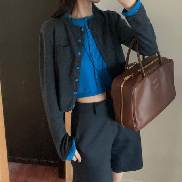Two-Tone Pocket Detail Mock Layered Cardigan
